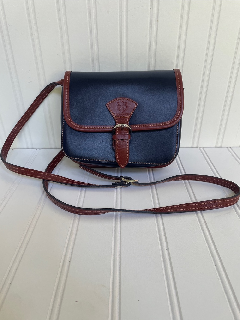 Vintage Italian Leather Crossbody Bag / Saddle Purse Navy/Brown OBO